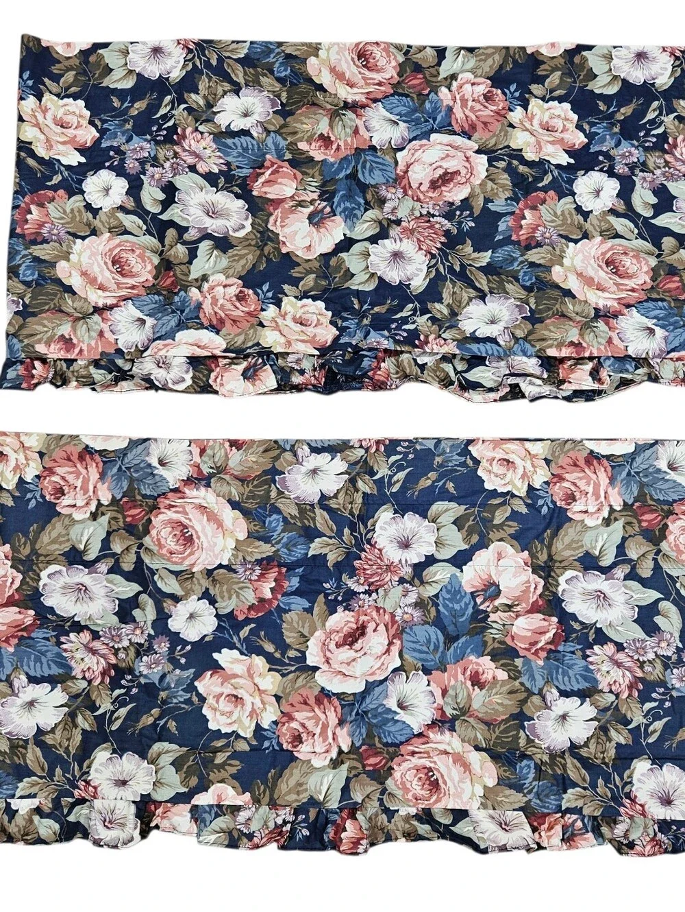VTG JC Penney Big Pink Floral Roses Window Valances Navy Blue Chintz Pair 70X18